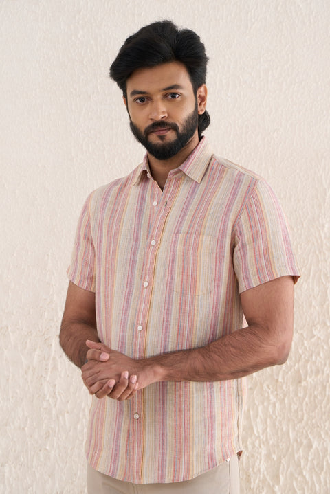 Half Sleeve Multi Stripes Linen Shirt