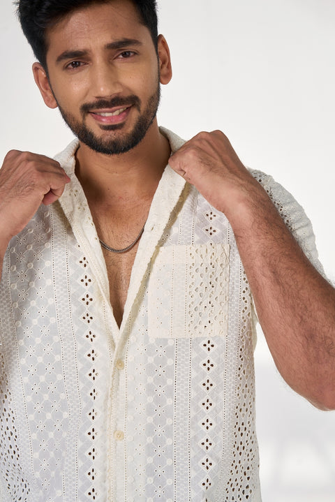 White Schiffli Shirt Cuban Collar