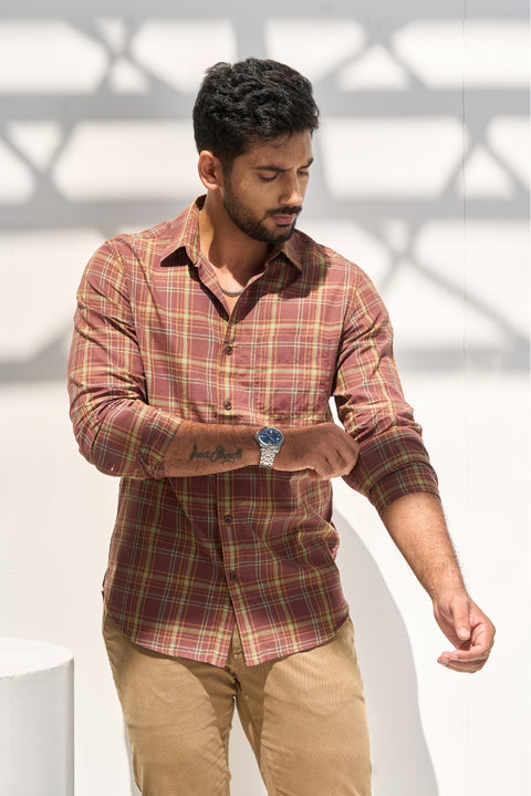 Brown Stone Checks Shirt In Feather Light Cotton