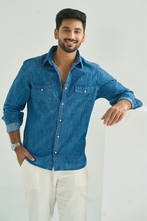 Western Model Denim Shirt Pocket Embroidery With Snap Buttons