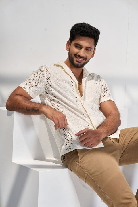 White Schiffli Shirt Cuban Collar