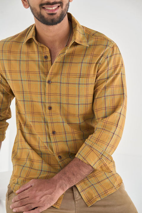 Honey Mustard Checks Shirt In Feather Light Cotton