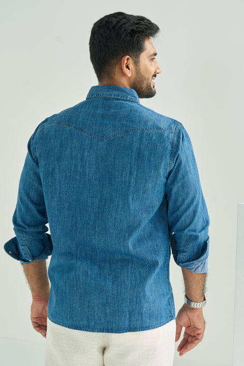 Western Model Denim Shirt Pocket Embroidery With Snap Buttons