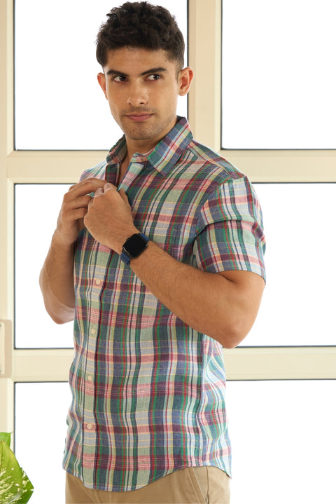Linen Checks Shirt In Half Sleeve