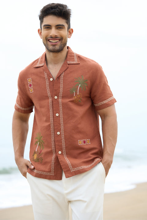 Men’s Embroidered Linen-Cotton Holiday Shirt – Summer & Vacation Wear