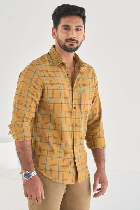 Honey Mustard Checks Shirt In Feather Light Cotton