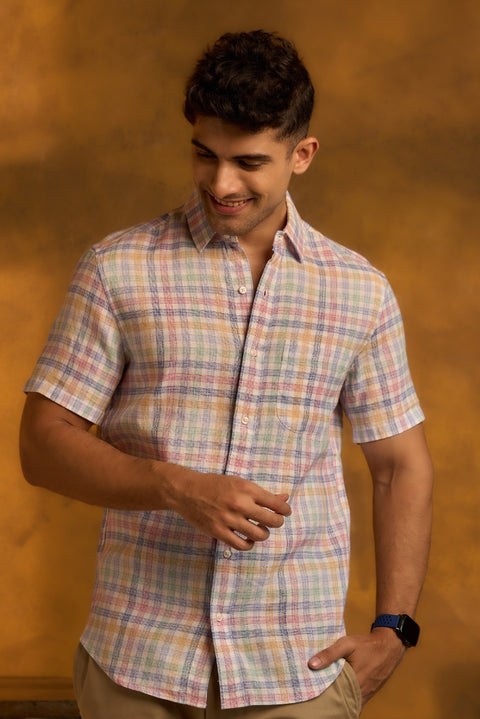 Linen Shirt In Multi Colour Checks Half Sleeves