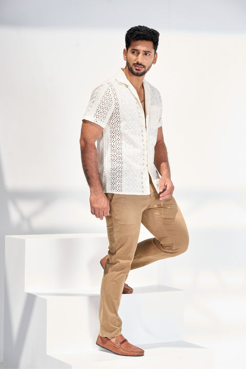 White Schiffli Shirt Cuban Collar