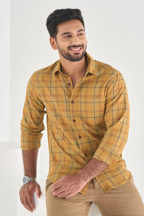 Honey Mustard Checks Shirt In Feather Light Cotton