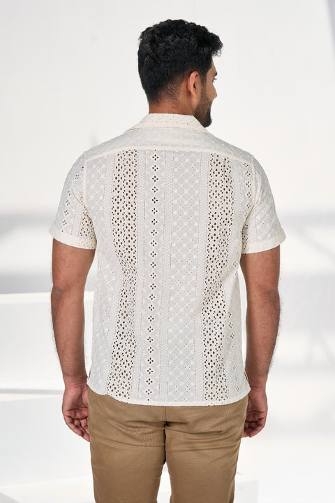 White Schiffli Shirt Cuban Collar