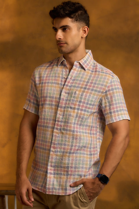 Linen Shirt In Multi Colour Checks Half Sleeves