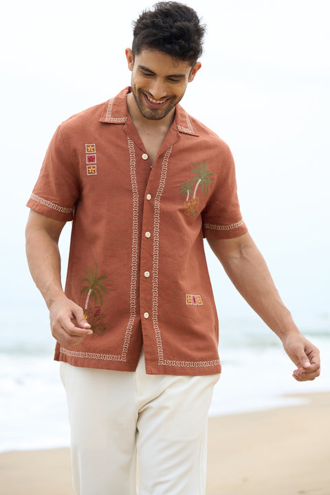 Men’s Embroidered Linen-Cotton Holiday Shirt – Summer & Vacation Wear