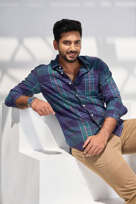 Navy Green Cotton Checks For Summer