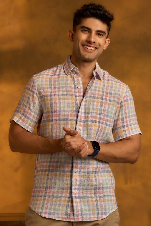 Linen Shirt In Multi Colour Checks Half Sleeves