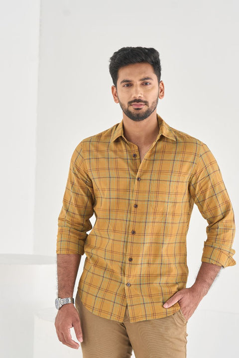 Honey Mustard Checks Shirt In Feather Light Cotton
