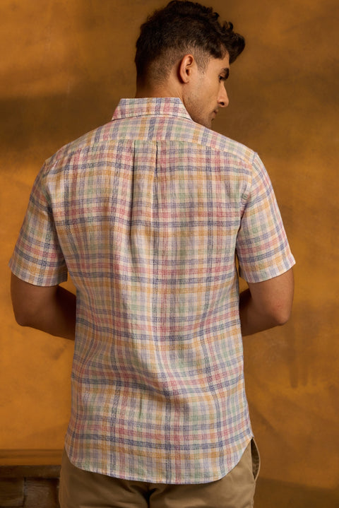 Linen Shirt In Multi Colour Checks Half Sleeves