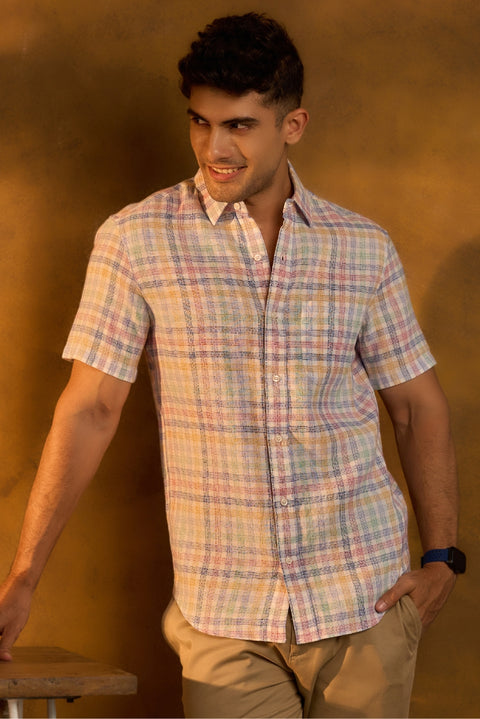 Linen Shirt In Multi Colour Checks Half Sleeves