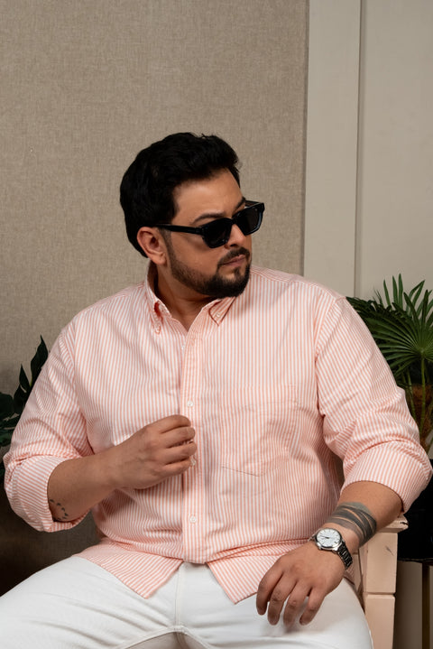 White & Orange Striped Oxford Cotton Shirt Size Inclusive - (Up to 5XL)