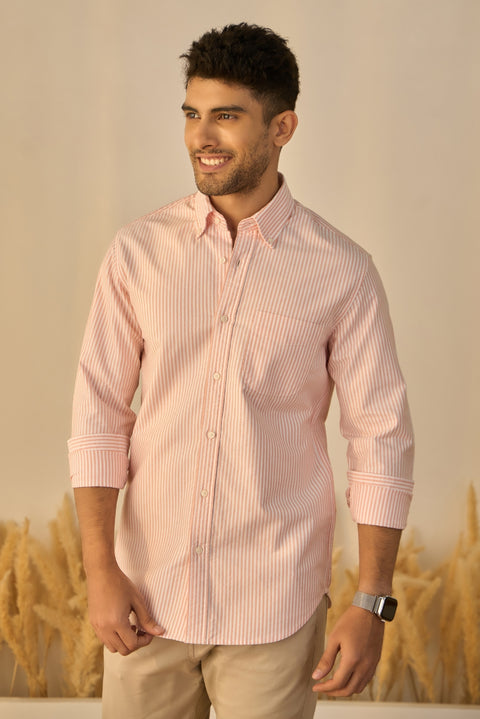 White & Orange Striped Oxford Cotton Shirt