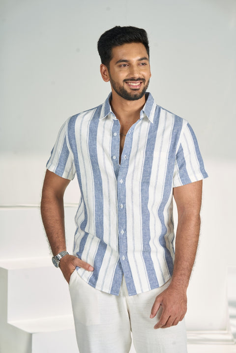 Herringbone Striped Half Sleeves Linen Cotton Shirt