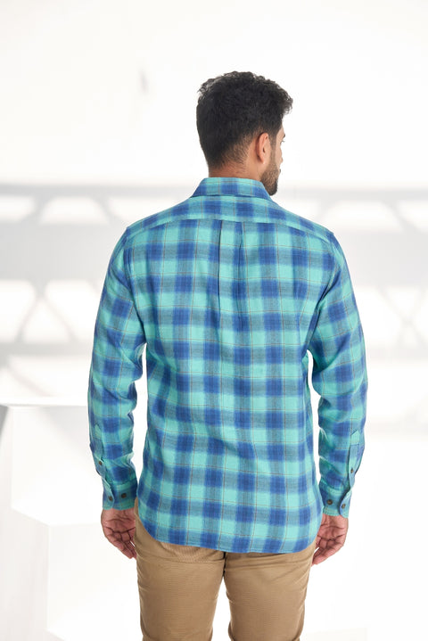 Teal Blue Cotton Checks Shirt