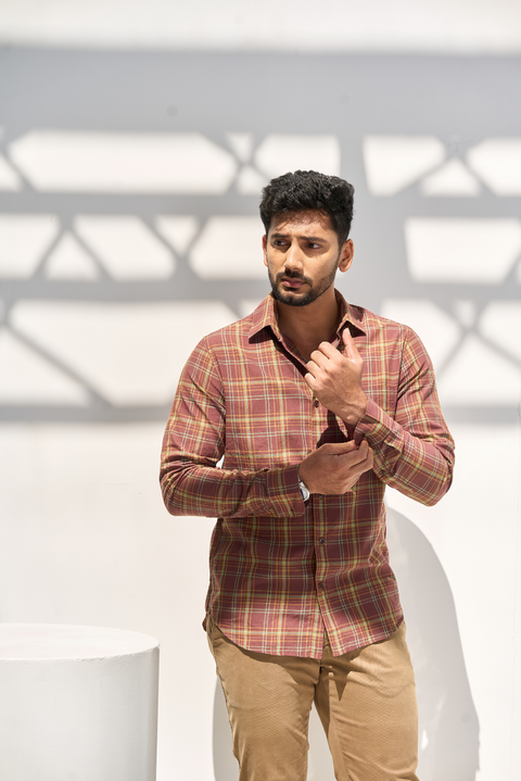 Brown Stone Checks Shirt In Feather Light Cotton