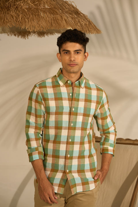Green and Brown Checked Linen Shirt