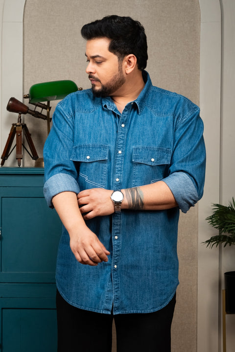 Western Model Denim Shirt Pocket Embroidery With Snap Buttons Size Inclusive - (Up to 5XL)