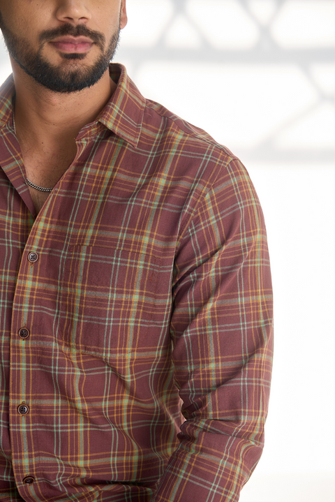 Brown Stone Checks Shirt In Feather Light Cotton