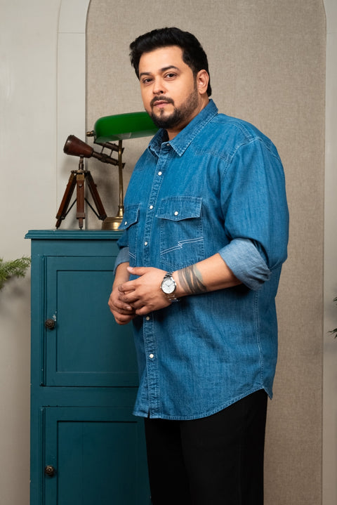 Western Model Denim Shirt Pocket Embroidery With Snap Buttons Size Inclusive - (Up to 5XL)