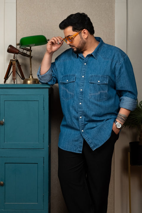 Western Model Denim Shirt Pocket Embroidery With Snap Buttons Size Inclusive - (Up to 5XL)