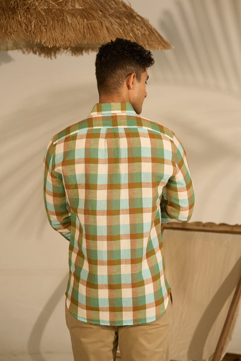 Green and Brown Checked Linen Shirt
