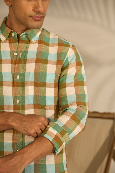Green and Brown Checked Linen Shirt
