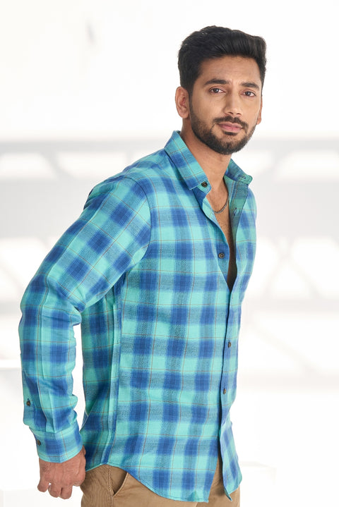 Teal Blue Cotton Checks Shirt