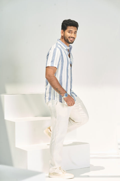 Herringbone Striped Half Sleeves Linen Cotton Shirt