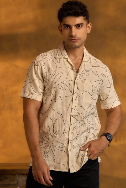 Cuban Collar Embroidery Shirt In Ivory