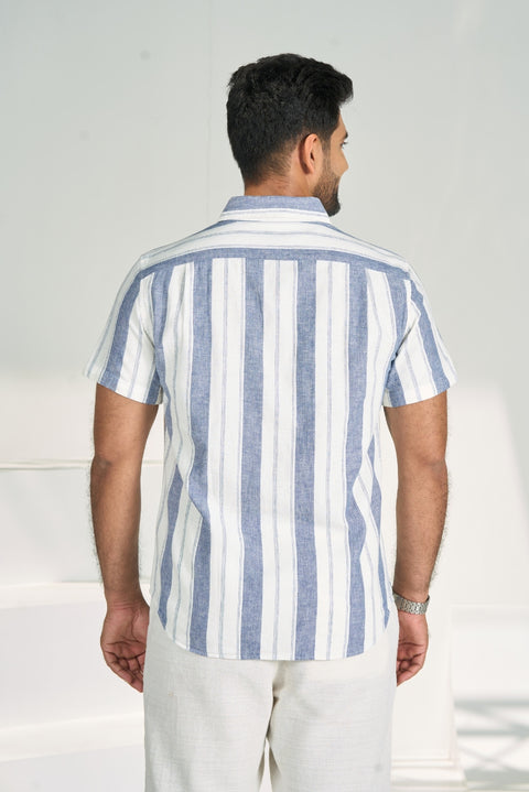 Herringbone Striped Half Sleeves Linen Cotton Shirt