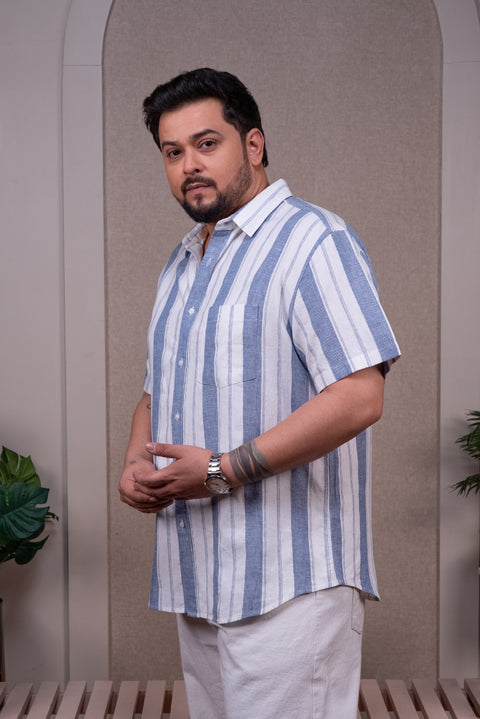 Herringbone Striped Half Sleeves Linen Cotton Shirt Size Inclusive - (Up to 5XL)