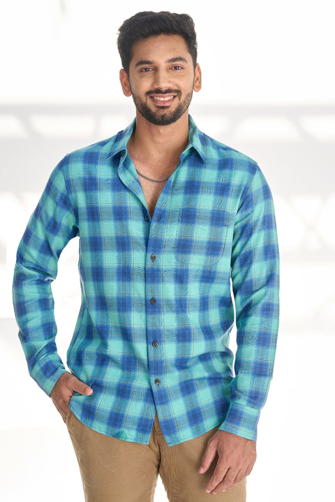 Teal Blue Cotton Checks Shirt
