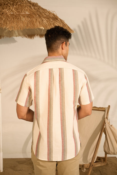 Ecru Stripes Shirt In Linen Cotton