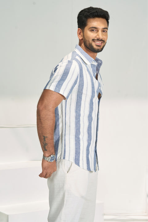 Herringbone Striped Half Sleeves Linen Cotton Shirt