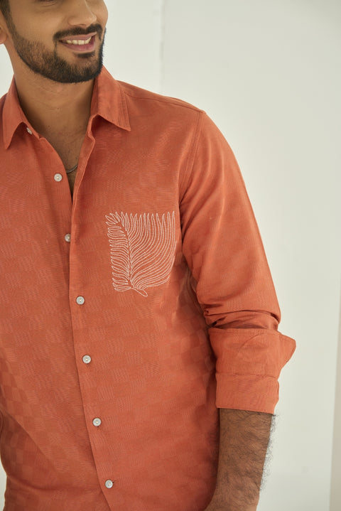 Baked Terra Cotta Linen Shirt With Embroidery