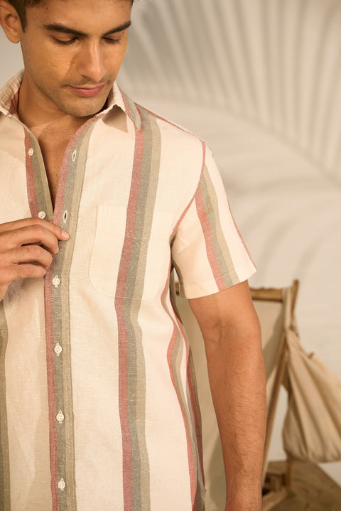 Ecru Stripes Shirt In Linen Cotton
