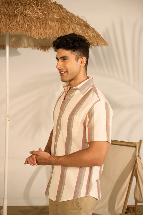 Ecru Stripes Shirt In Linen Cotton