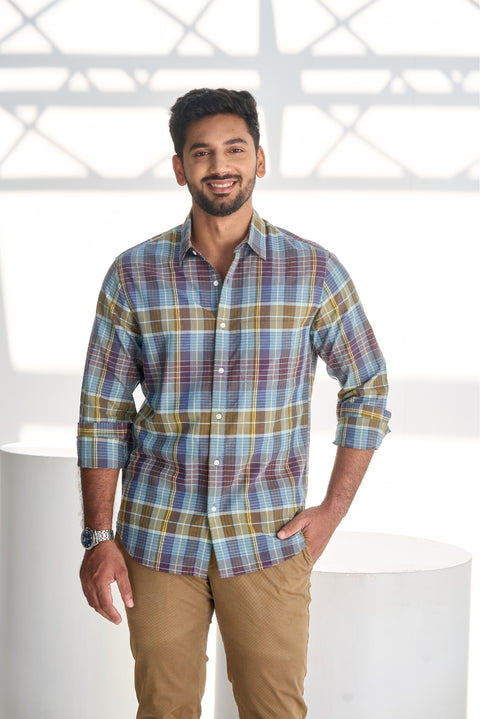 Olive Infusion Cotton Checks Shirt