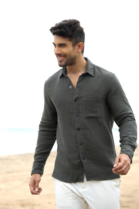 Coastal Sage – Lightweight Double Fabric Shirt with Matte Snap Buttons 🌿