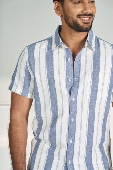 Herringbone Striped Half Sleeves Linen Cotton Shirt