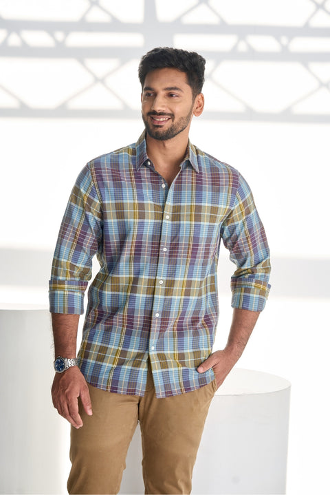 Olive Infusion Cotton Checks Shirt