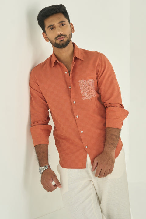 Baked Terra Cotta Linen Shirt With Embroidery