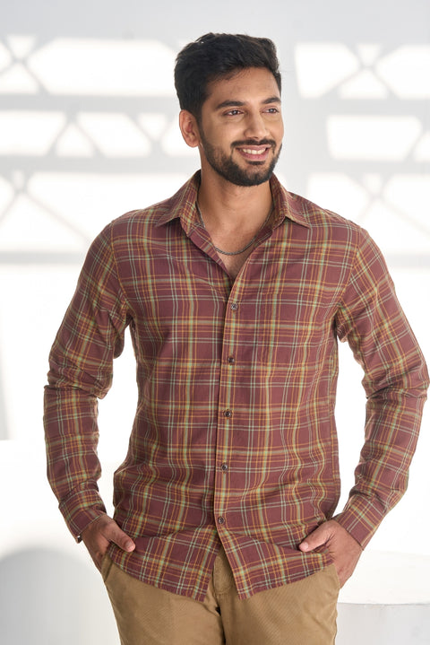 Brown Stone Checks Shirt In Feather Light Cotton
